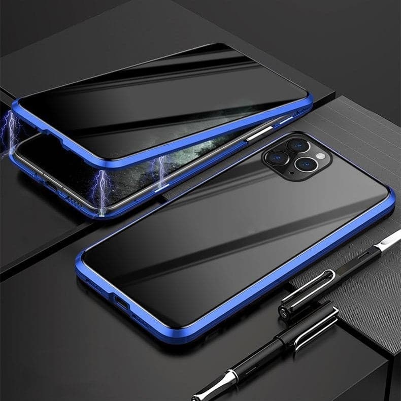 Magnetické pouzdro na iPhone s ochranným sklem a kovem