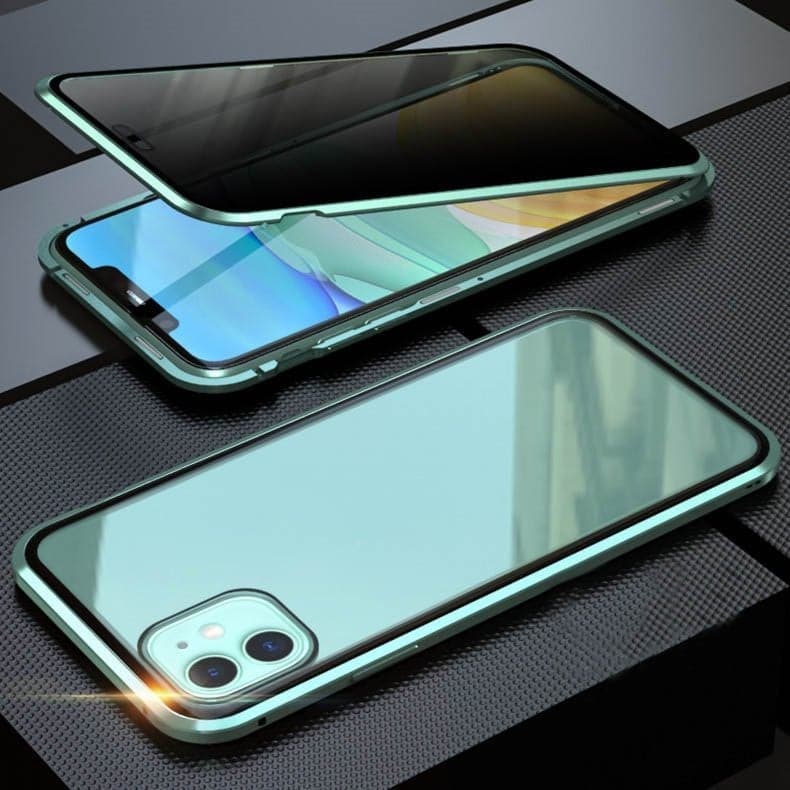 Magnetické pouzdro na iPhone s ochranným sklem a kovem