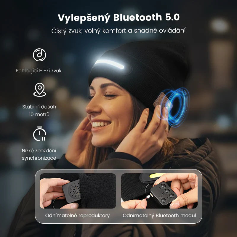 Nabíjitelná čepice s LED osvětlením a Bluetooth