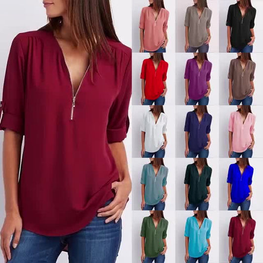 💖Volná halenka Plus Size s 3/4 rukávy a zipem
