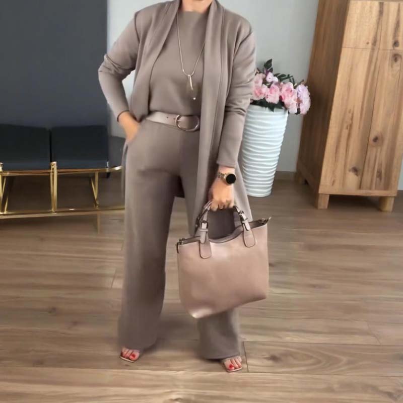 🎁Získejte náhrdelník zdarma💝Elegantní třídílná sada s dlouhým kardiganem (zahrnuje blůzu a kalhoty)